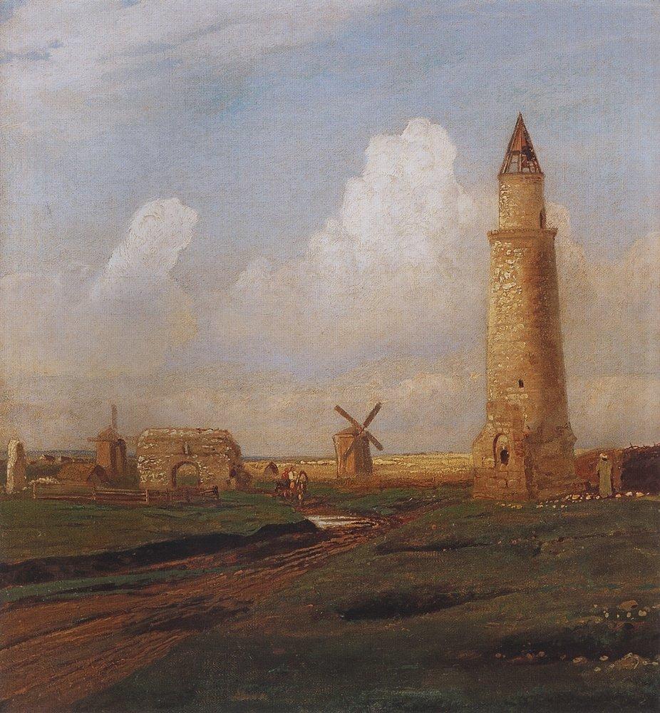Village Bulgarians. Small minaret and the ruins of the White House (1874).