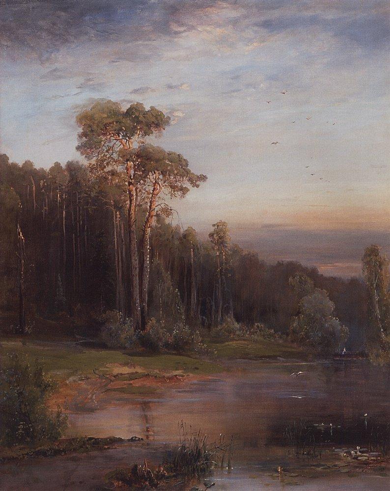 Summer landscape with pine trees near the river (1878).