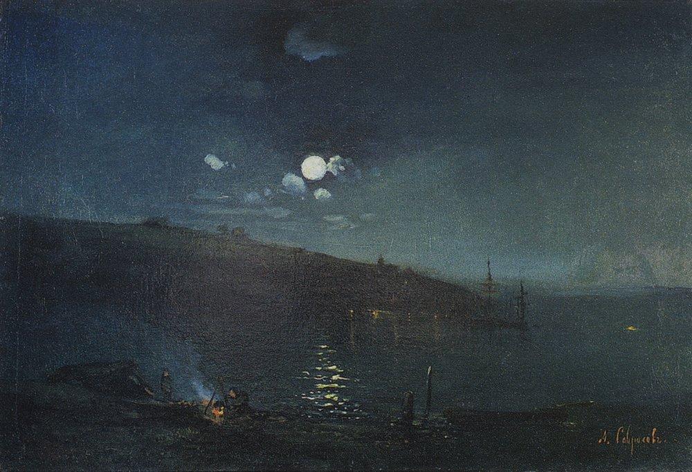 Moonlit night. Landscape with fire (1890).