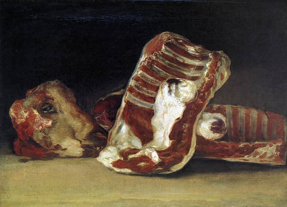 Still life of Sheep's Ribs and Head - The Butcher's conter (1812).