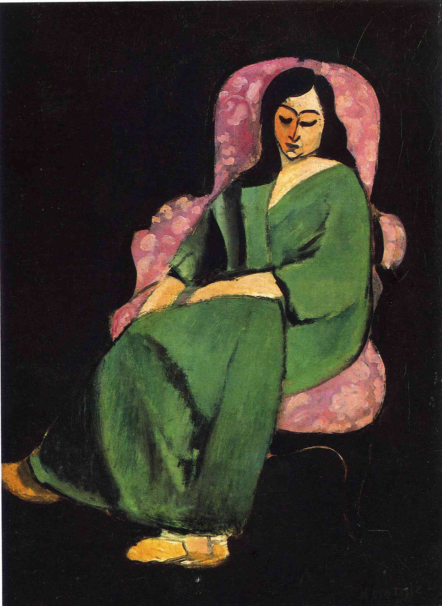 Lorette in a Green Robe against a Black Background (1916).