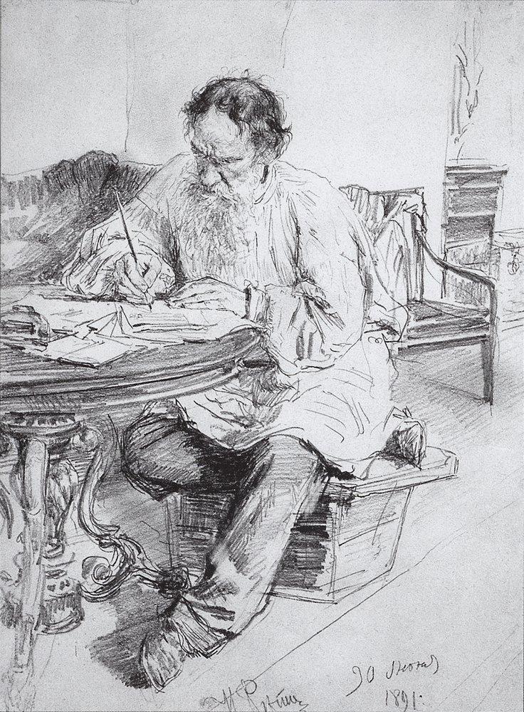 Leo Tolstoy working at the round table (1891).