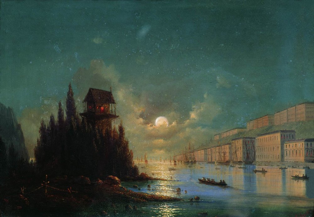 View of seaside town in the evening with a lighthouse (1870).