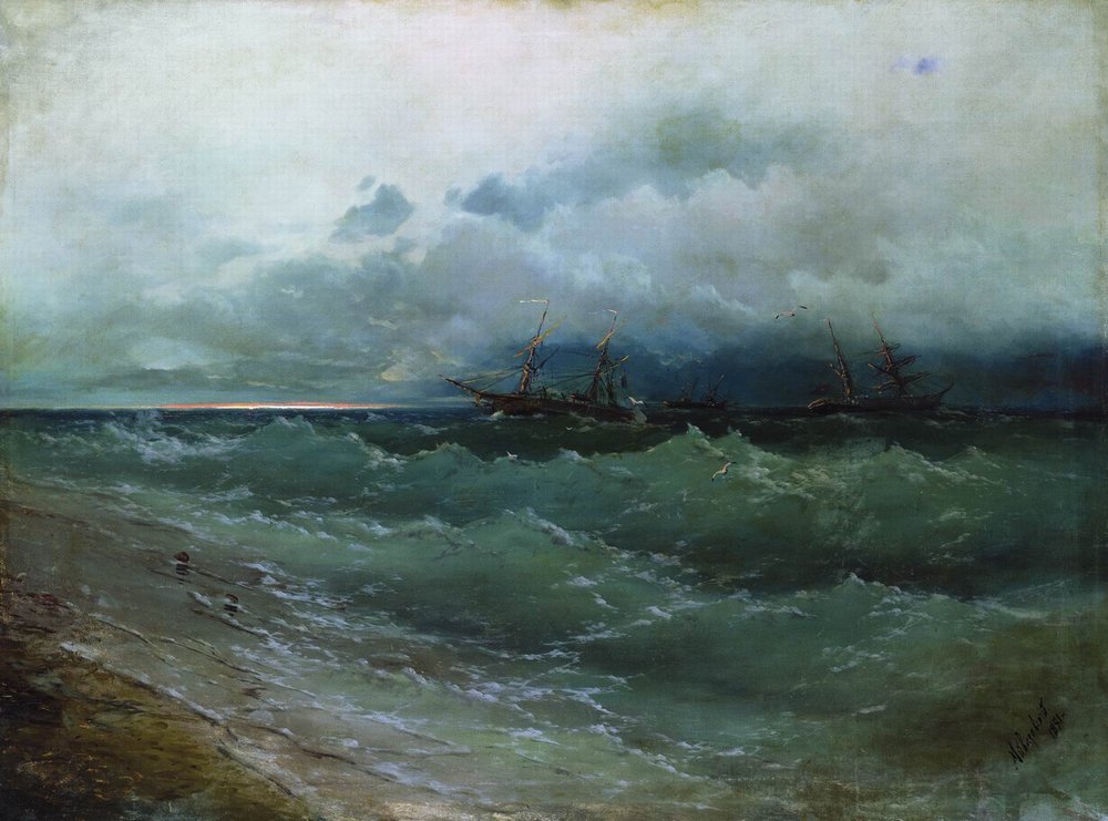 Ships in the stormy sea. Sunrise (1871).