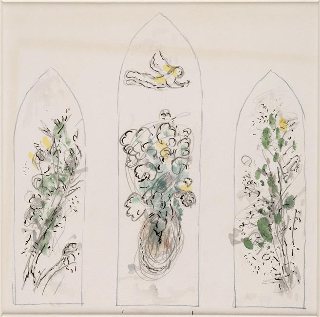 Bushes and angel (sketch to vitrage in Chapelle des Cordeliers in Sarrebourg) (1976).