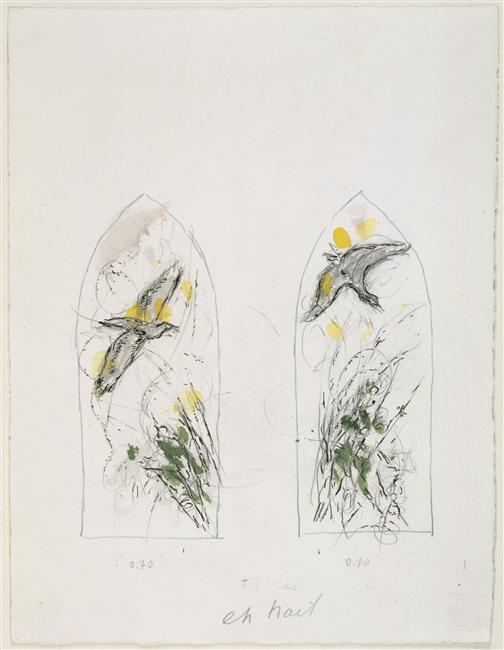 Bushes and birds (sketch to vitrage in Chapelle des Cordeliers in Sarrebourg) (1976).