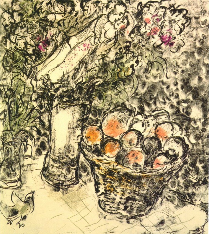 Couple and basket with fruits