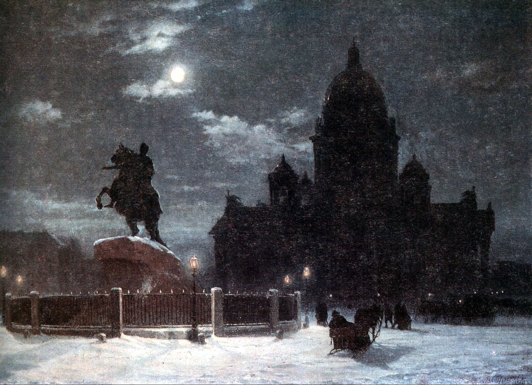 View of monument to Peter I on the Senate Square in St. Petersburg (1870).