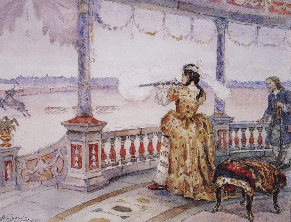 Empress Anna Ioannovna in Peterhof Temple shoots deer (1900).