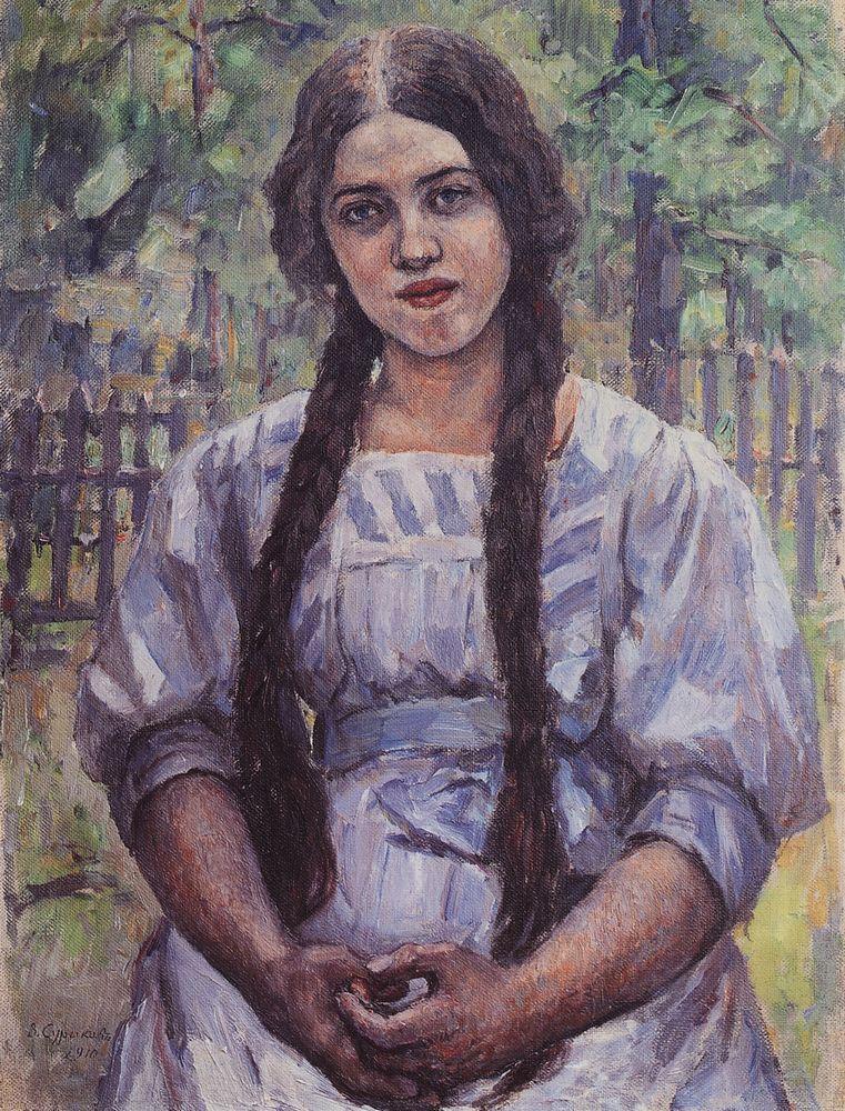 A girl with braids. Portrait of A. A. Dobrinskaya. (1910).
