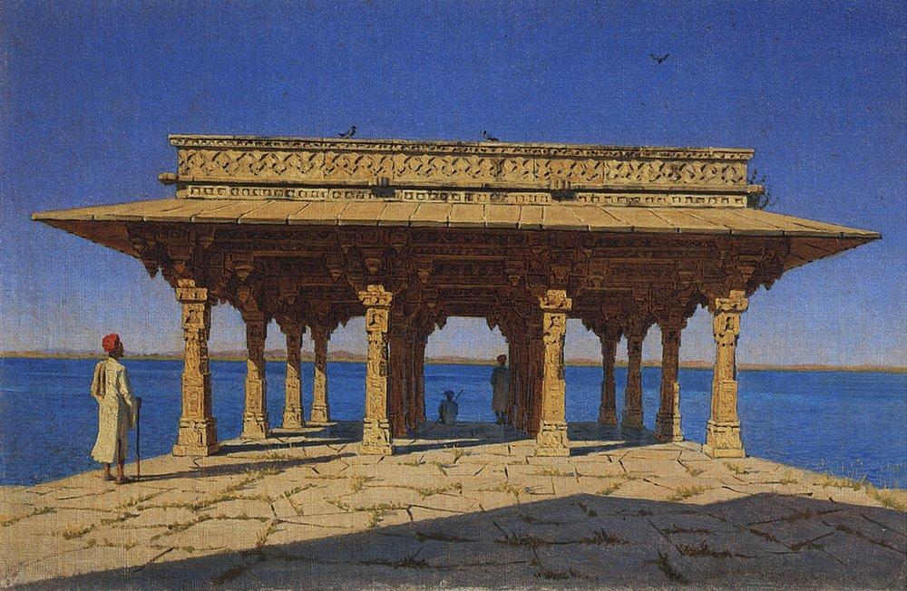 Evening on the lake. One of the pavilions on the marble promenade in Radzhnagar (Principality of Udaipur) (1874).
