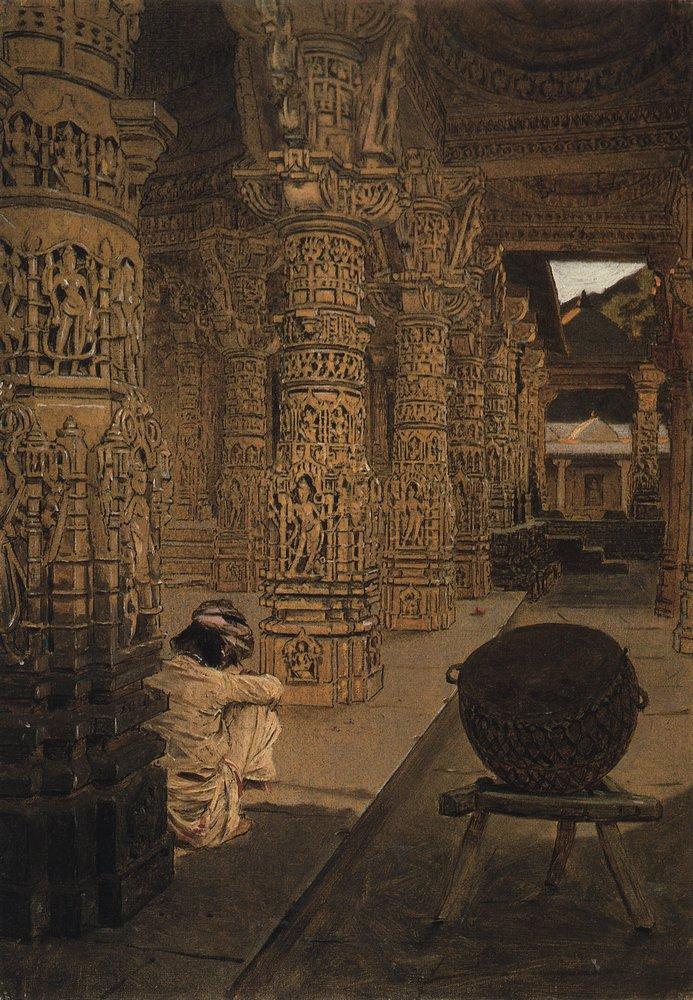 The colonnade in the Jain temple at Mount Abu in the evening (1876).