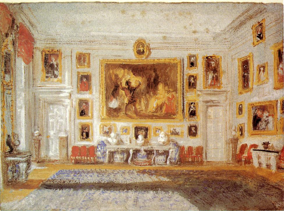 Petworth, the Drawing room, Bodycolor on blue paper (1828).