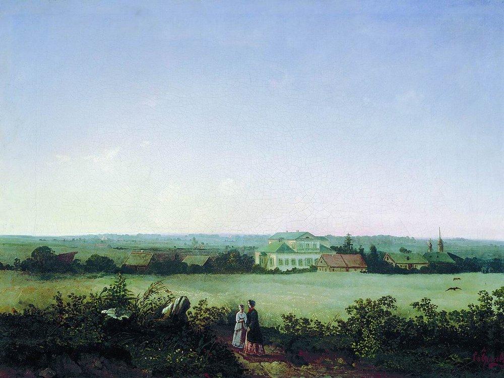 Type in the outskirts of Moscow to the manor and two female figures (1850).