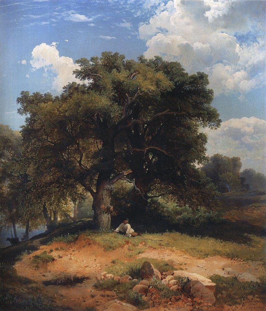 Landscape with oak trees and shepherd (1860).