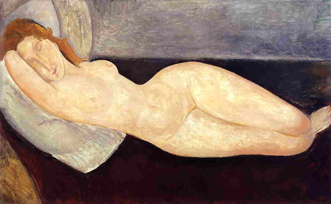 Reclining nude with head resting on right arm (1919).