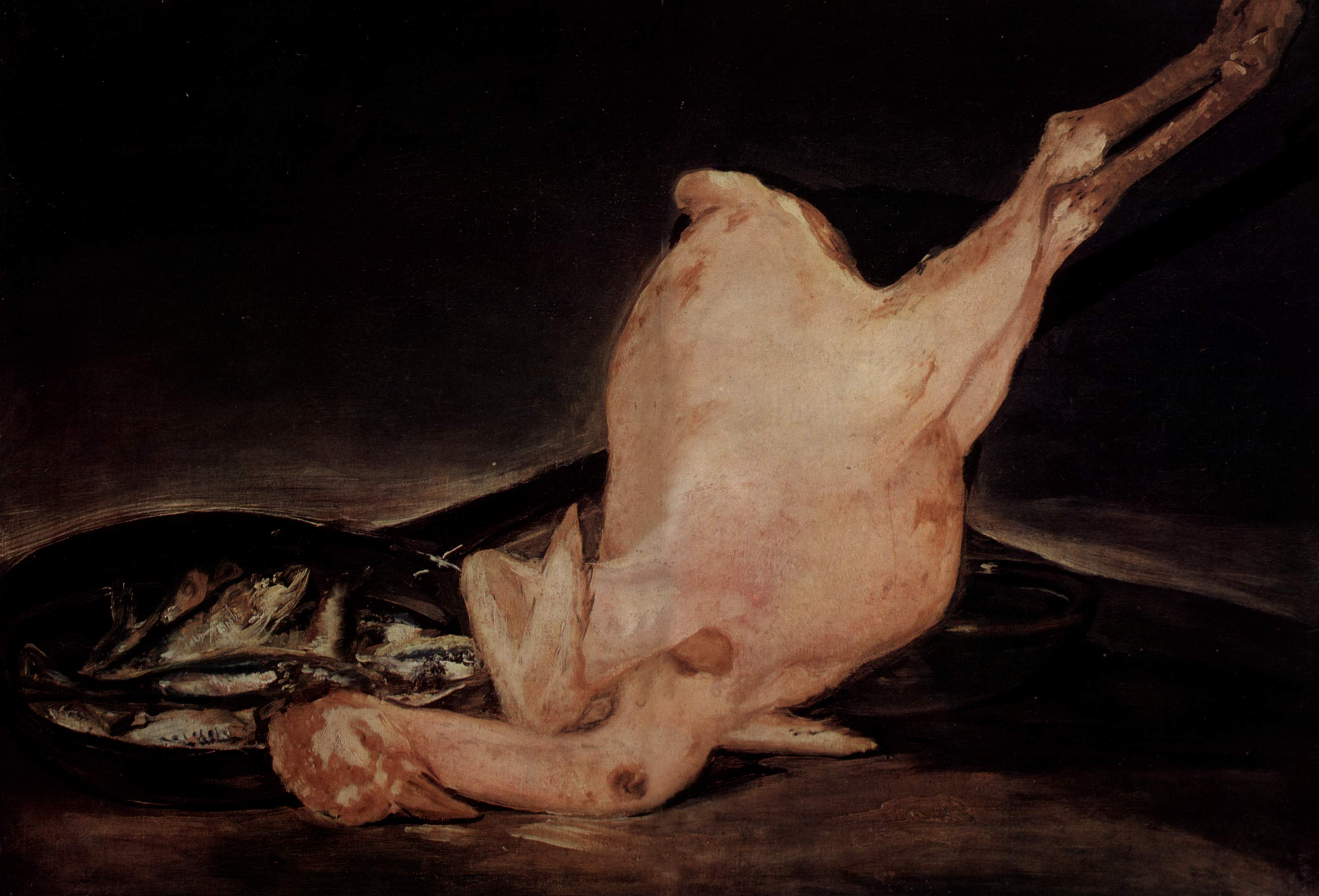 Still life, plucked turkey and pan with fish (1812).