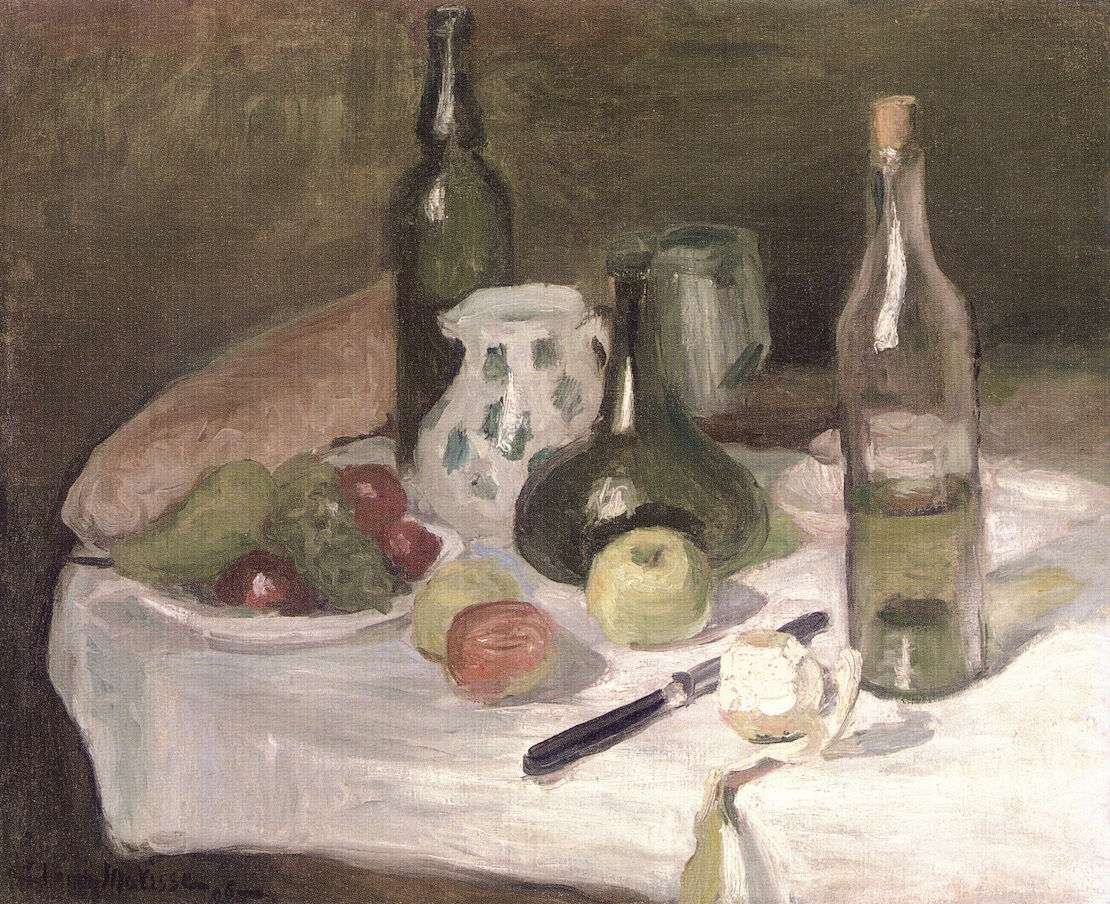 Still LIfe with Fruit and Bottles (1896).