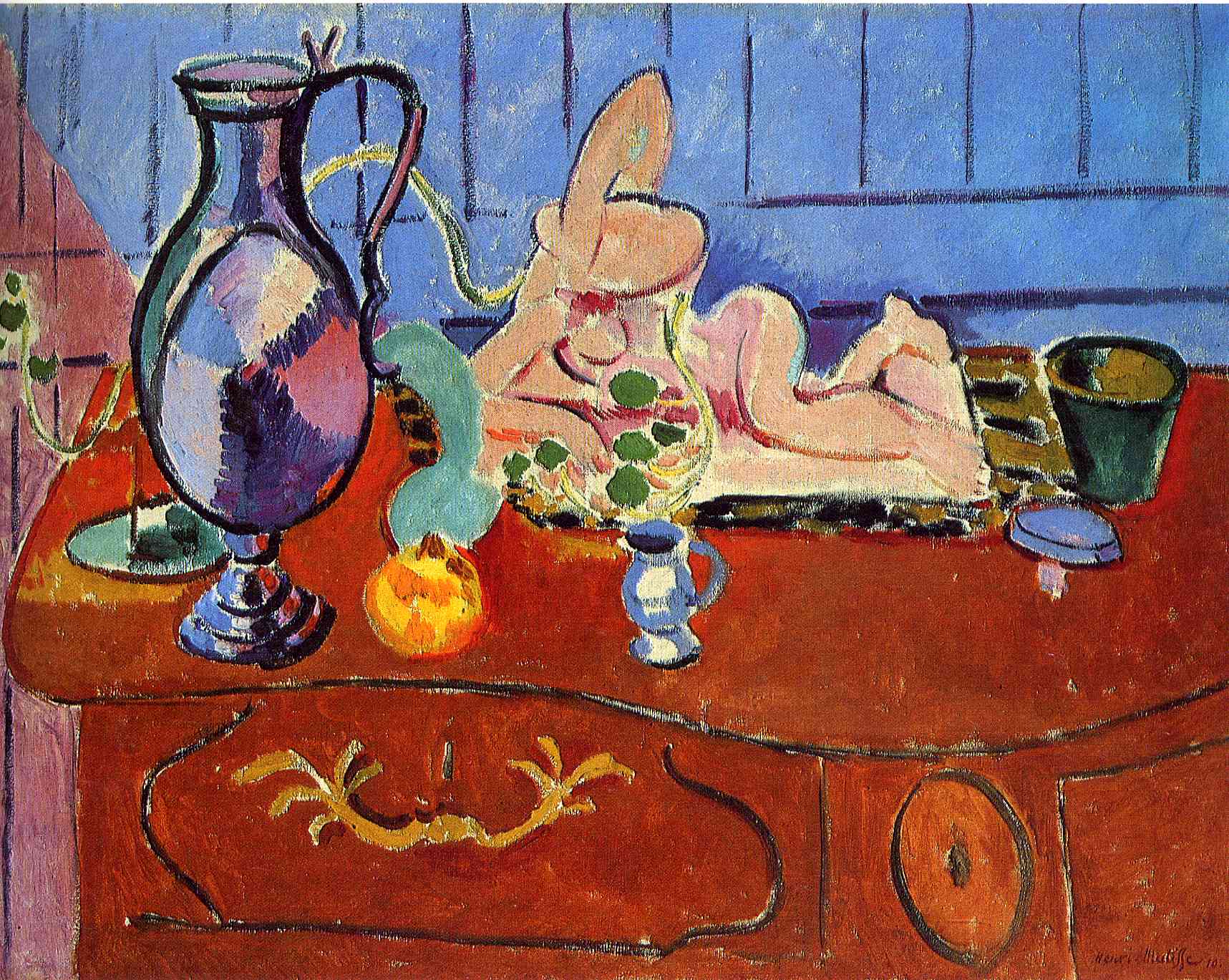 Still Life with a Pewter Jug and Pink Statuette (1910).