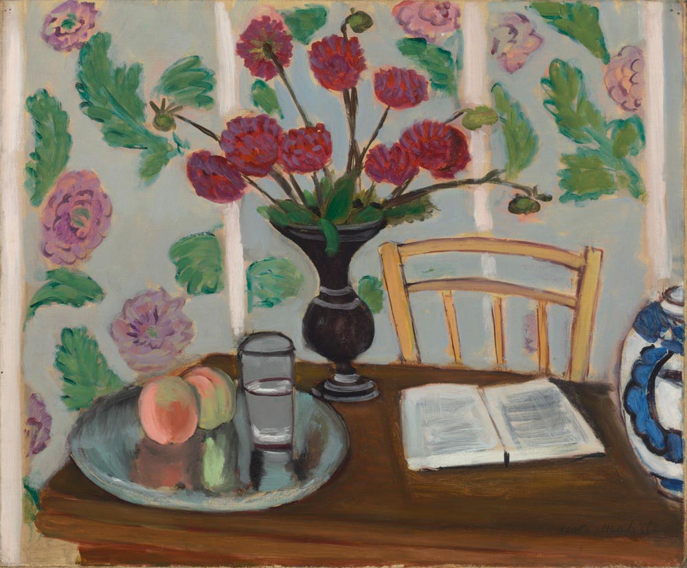 Still Life, Bouquet of Dahlias and White Book (1923).