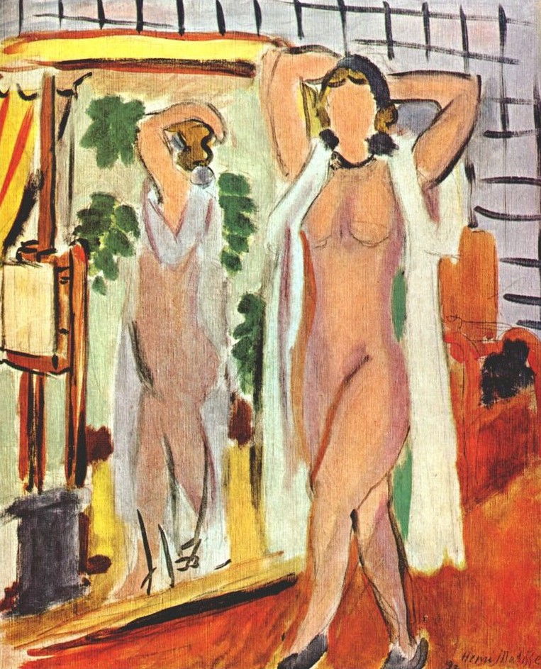 Nude in White Peignoir Standing by Mirror (1937).