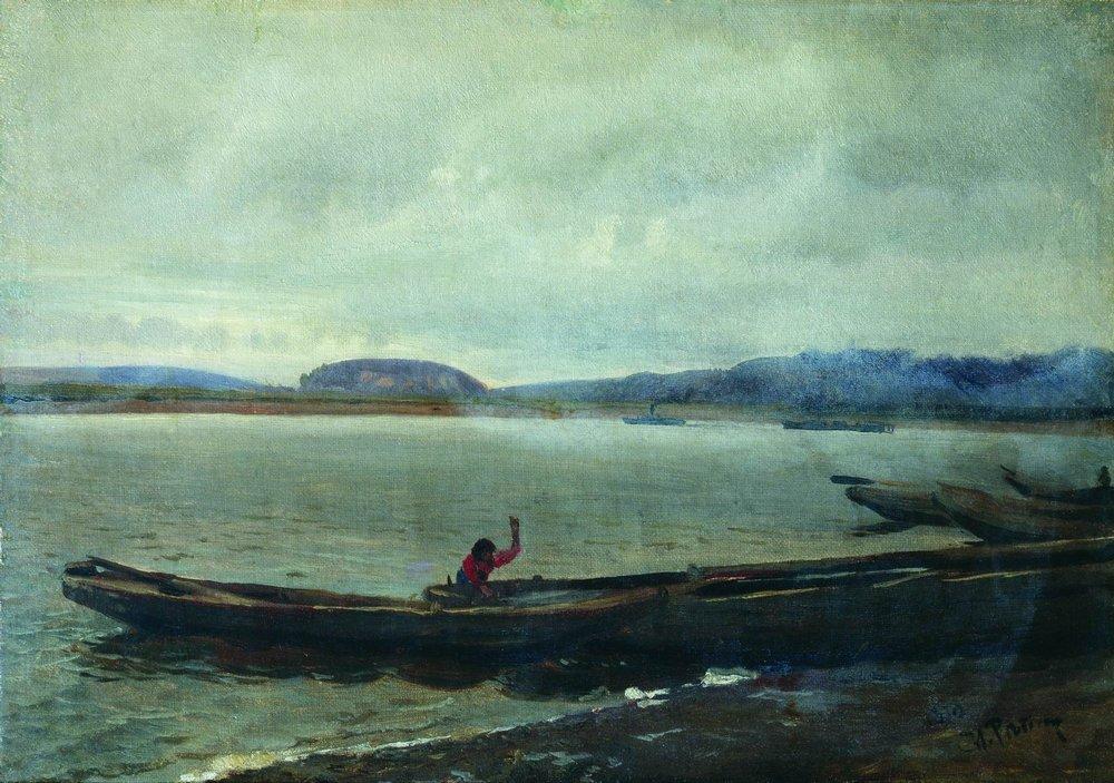 Landscape of the Volga with boats (1870).