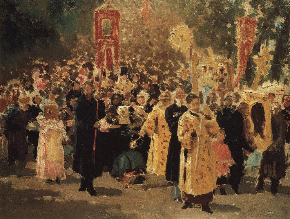 Religious procession in an oak forest. Appearance of the icon (1878).