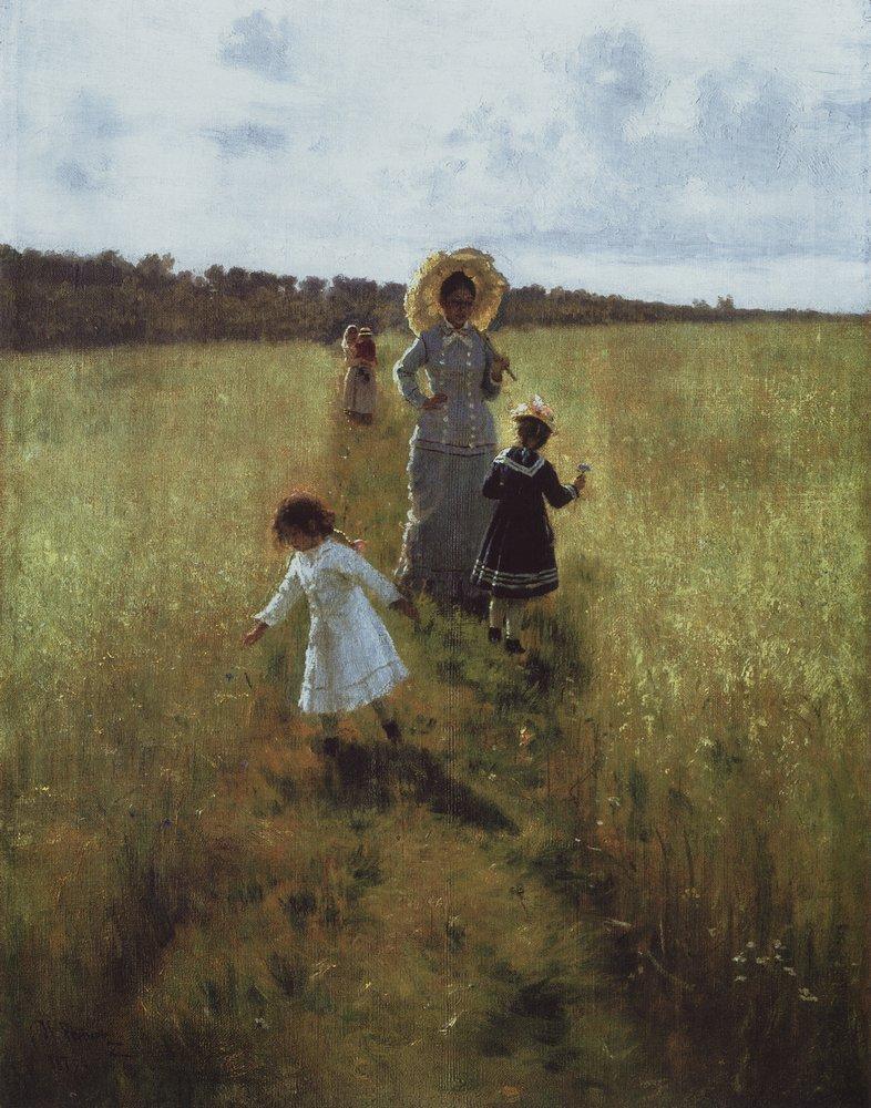 On the boundary path. V.A. Repina with children going on the boundary path (1879).
