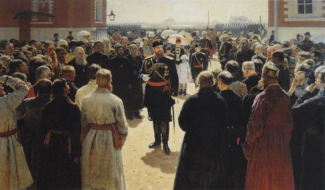 Aleksander III receiving rural district elders in the yard of Petrovsky Palace in Moscow (1886).