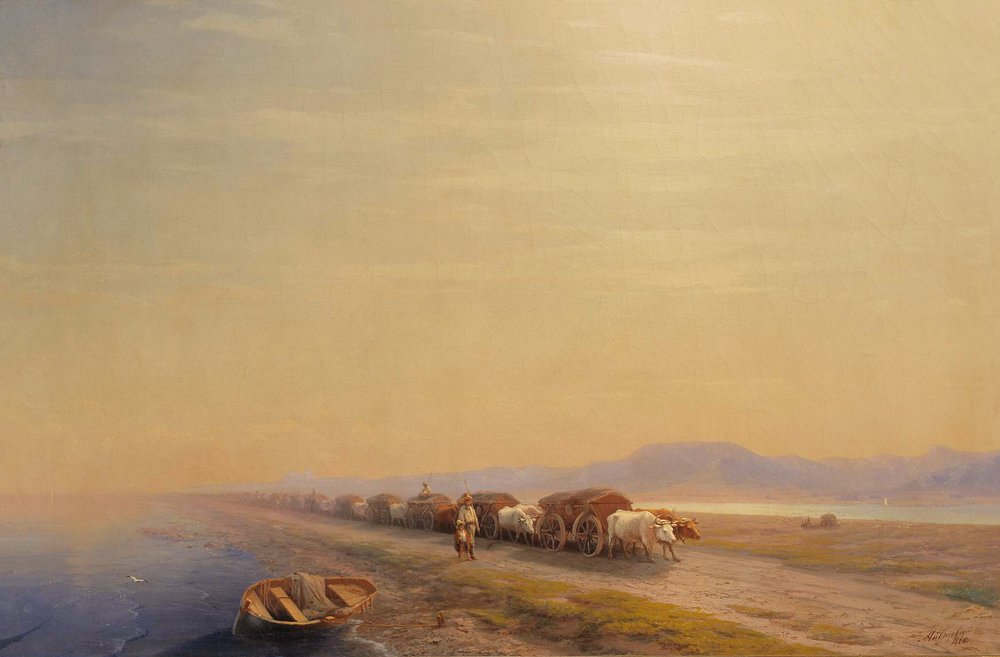 Ox train on the sea shore (1860).