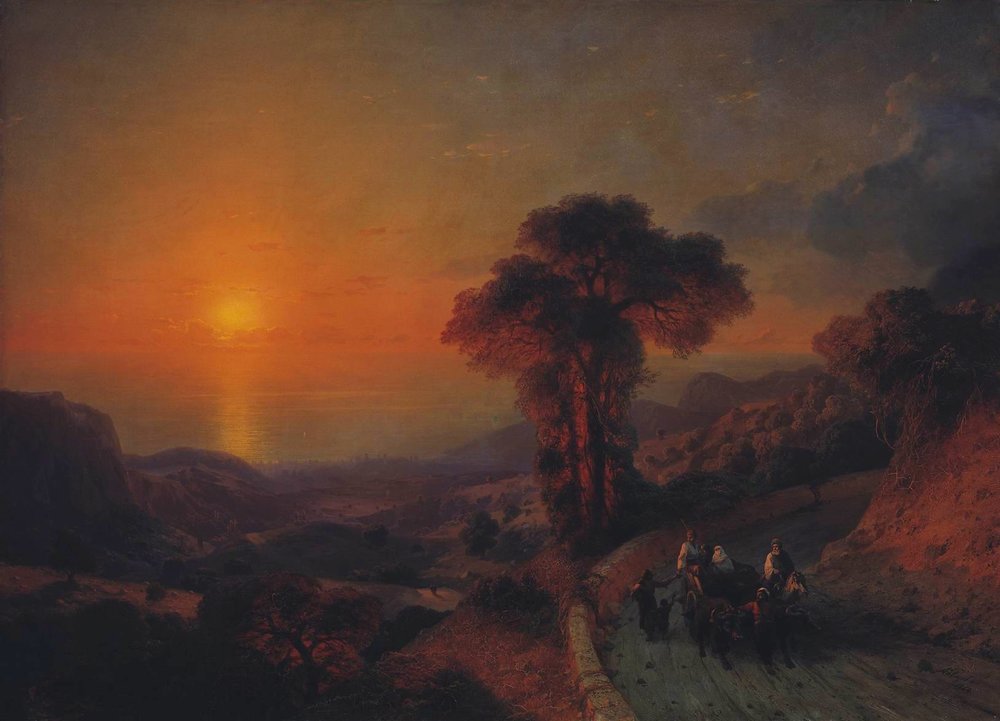 View of the Sea from the Mountains at Sunset. Crimea (1864).