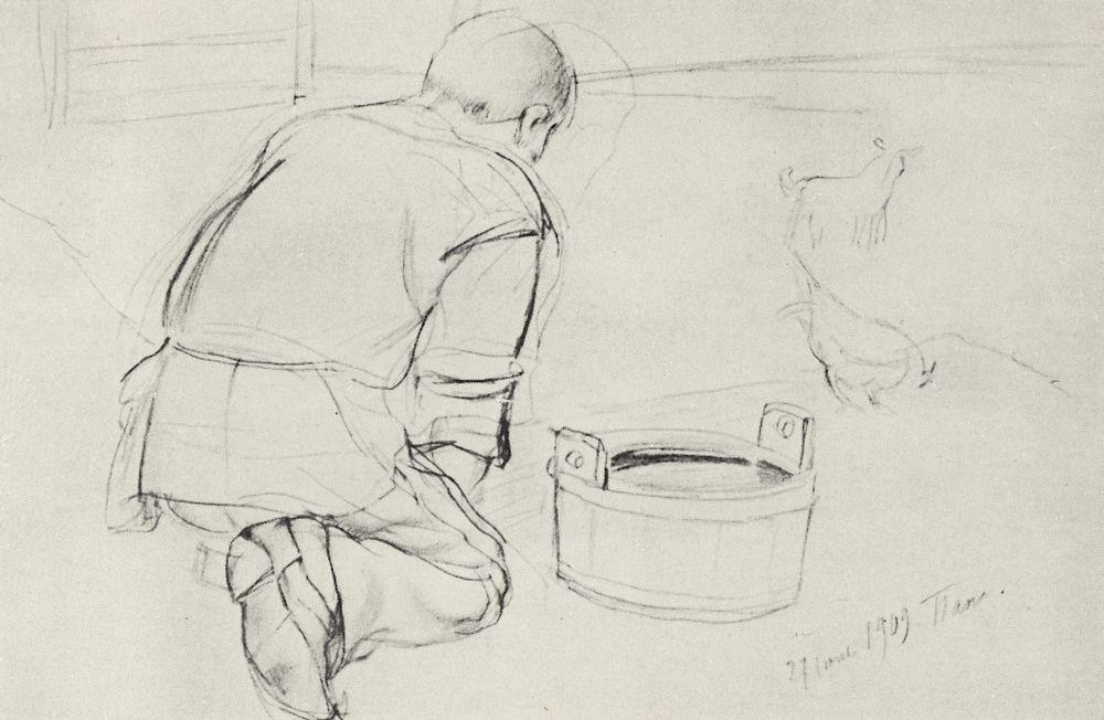 Figure  of S.F.Petrova-Vodkin, the artist's father, on his knees from the back (1909).