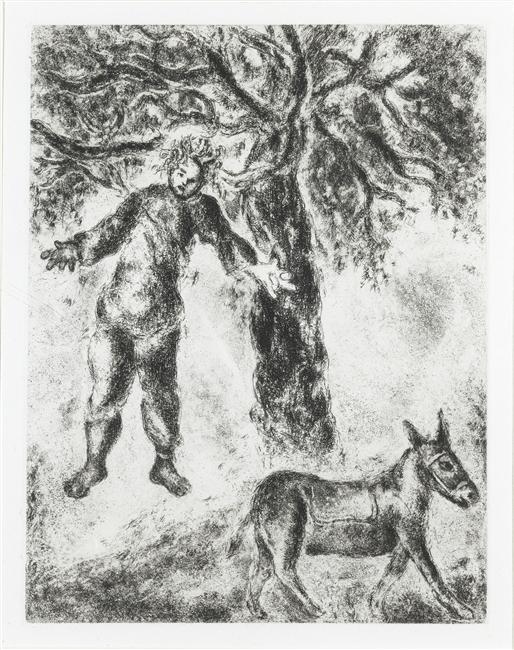 Absalom riding on a mule is caught by the hair on the branch of a great oak. (Second Samuel 18:9) (1956).