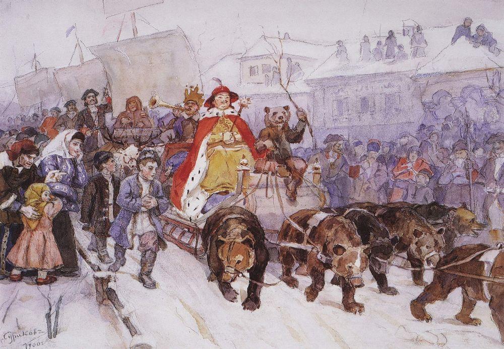 Big masquerade in 1772 on the streets of Moscow with the participation of Peter I and princer I. F. Romodanovsky (1900).