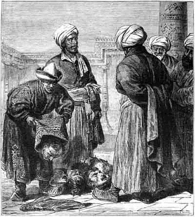 Turkmens representing war trophies to Khiva khan (1868).
