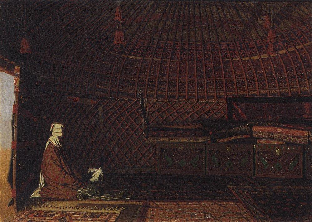 The interior of the yurt of rich Kirghiz (1870).