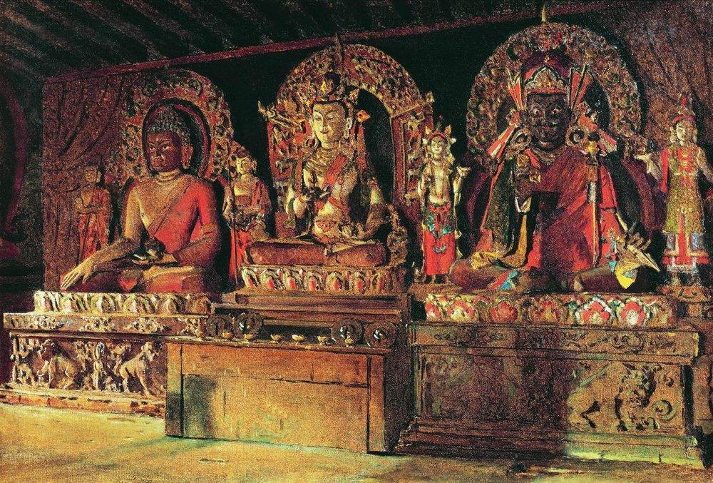 The three main gods in a Chingacheling Buddhist monastery in Sikkim (1875).